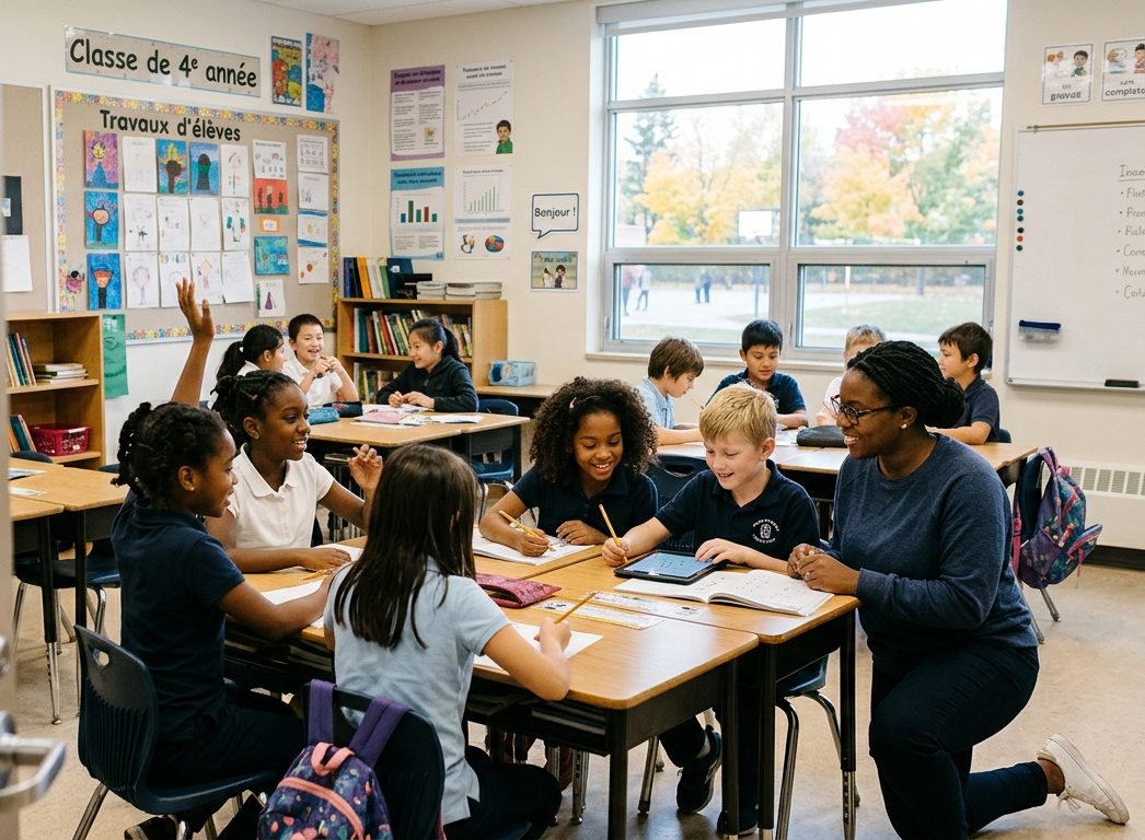 Une classe de 4e année : des élèves de diverses origines travaillent en équipe avec leur enseignante