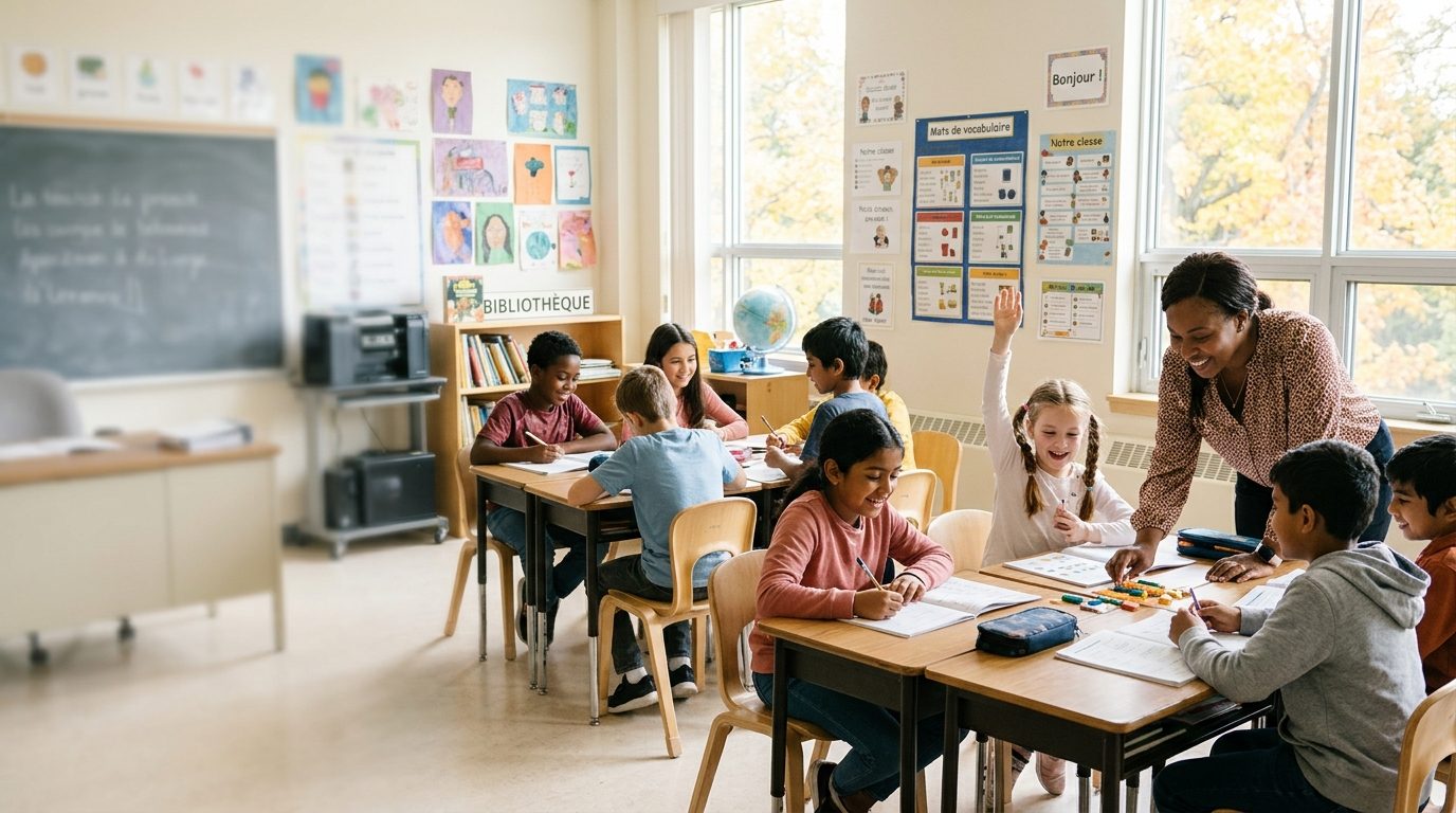 Une enseignante aide des élèves de diverses origines pendant une activité de mathématiques ; une élève lève la main