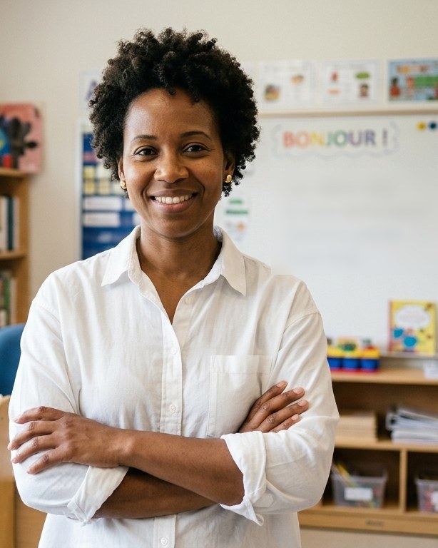 Une enseignante souriante dans sa classe de l'élémentaire