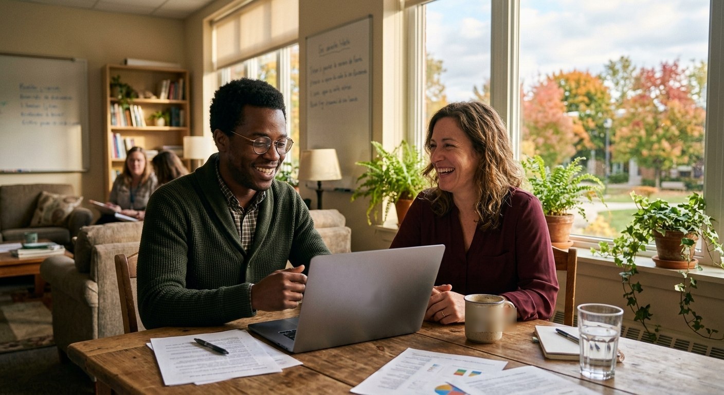 Un enseignant et une enseignante préparent une planification ensemble devant un ordinateur portable